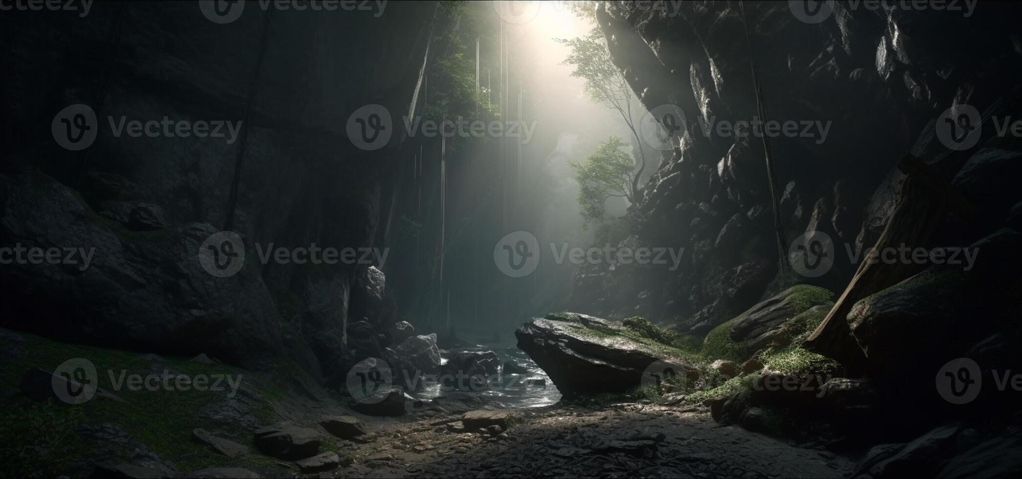 un' buio strada nel il mezzo di un' pauroso foresta ai generato foto