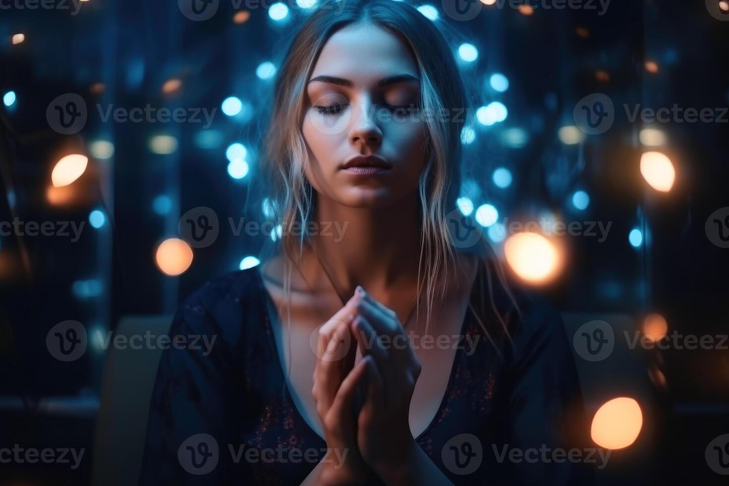 un' ragazza nel loto posizione Meditare con esoterico energia creato con generativo ai tecnologia. foto