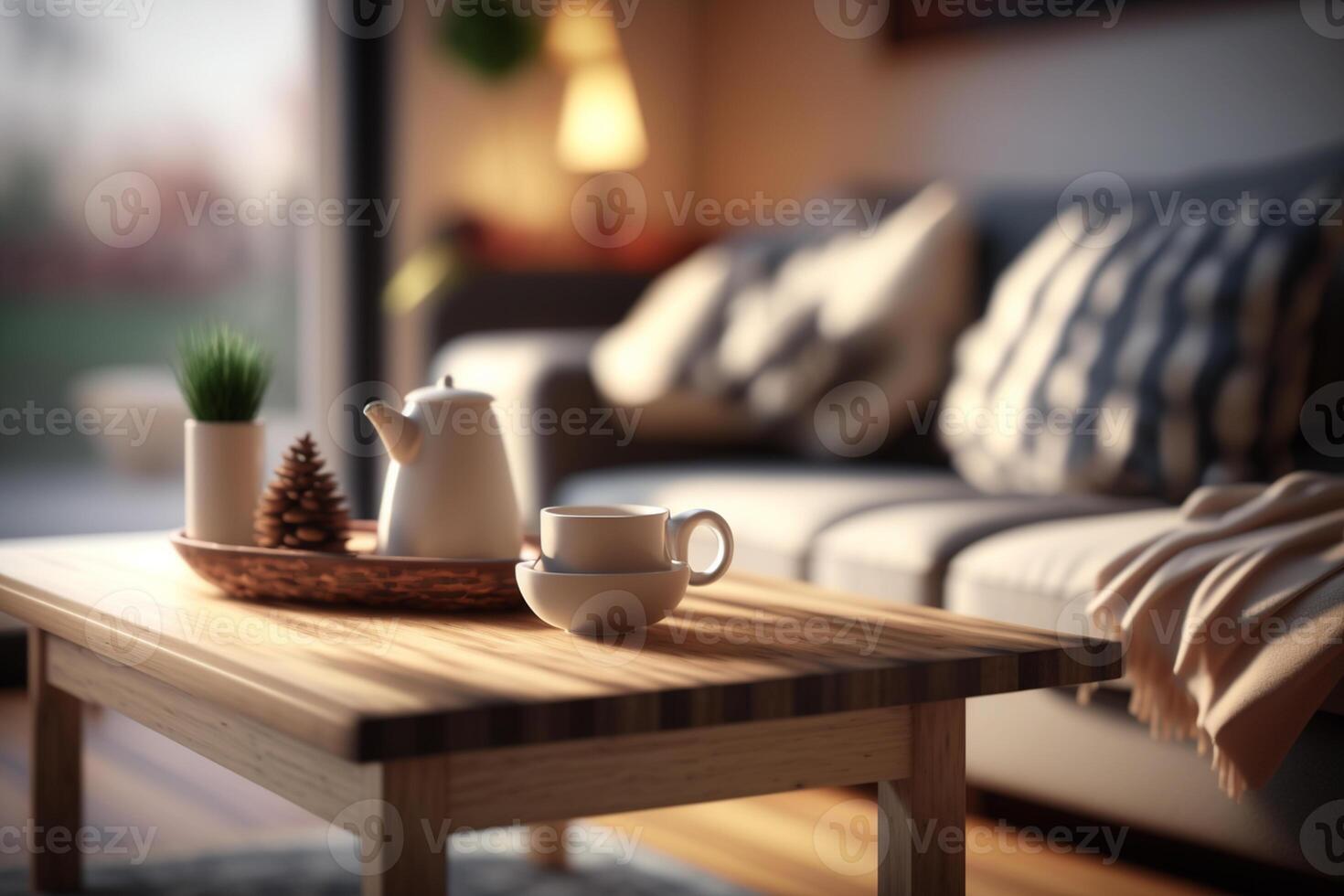 di legno tavolo superiore con sfocatura di accogliente vivente camera ai generato foto