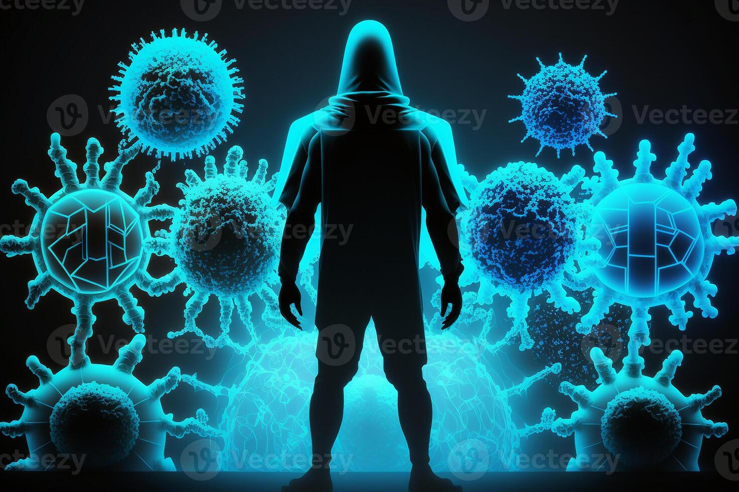 il umano immune sistema, protezione contro virus e batteri. vario le forme di batteri e virus cellule Il prossimo per un' umano silhouette, neon blu. generativo ai foto