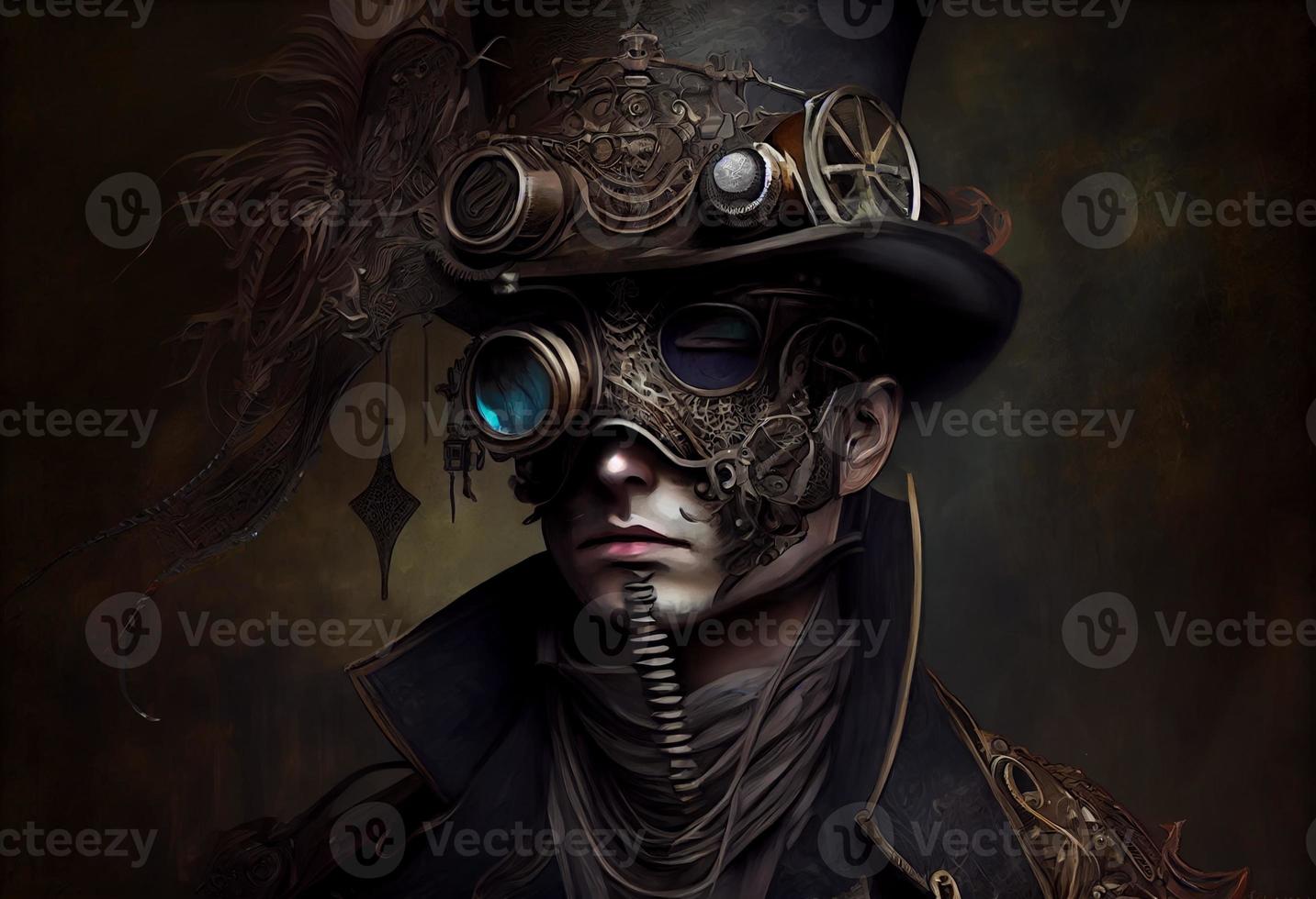 un' uomo indossare un' steampunk cappello e un' steampunk maschera, fantasia arte, steampunk. creare ai foto