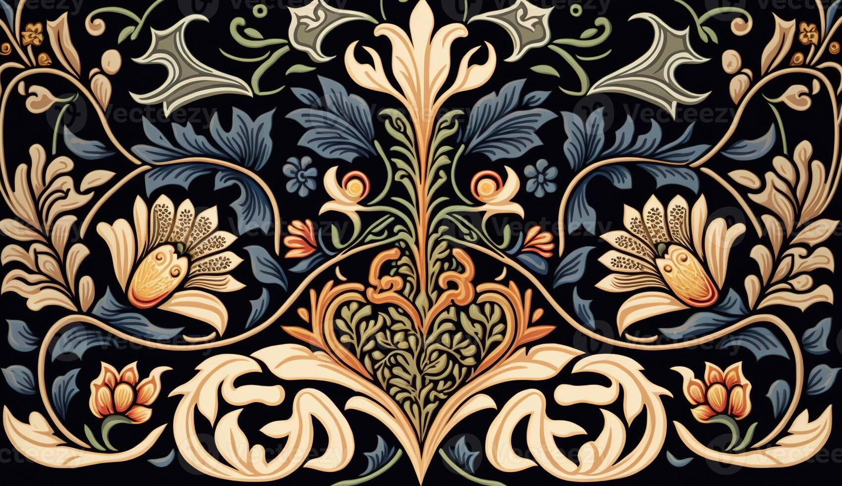 generativo ai, floreale colorato modello. William morris ispirato naturale impianti e fiori sfondo, Vintage ▾ illustrazione. popolare stile foto