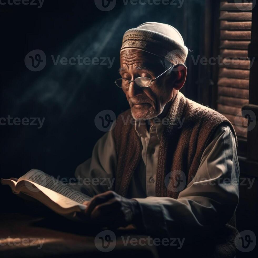 musulmano vecchio uomo preghiere su un' moschea con stellato e mezzaluna Luna Luna notte ai generativo foto