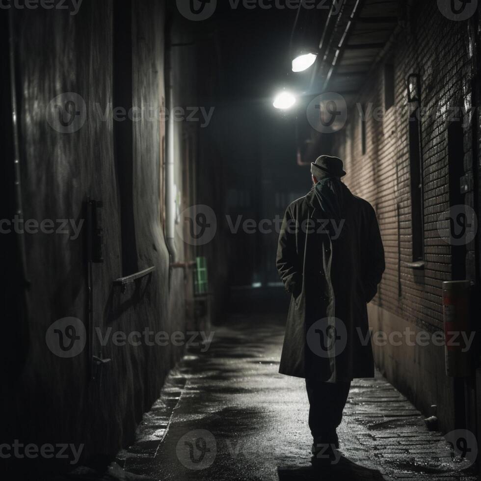 un' uomo a piedi nel strade nel notte ai generativo foto