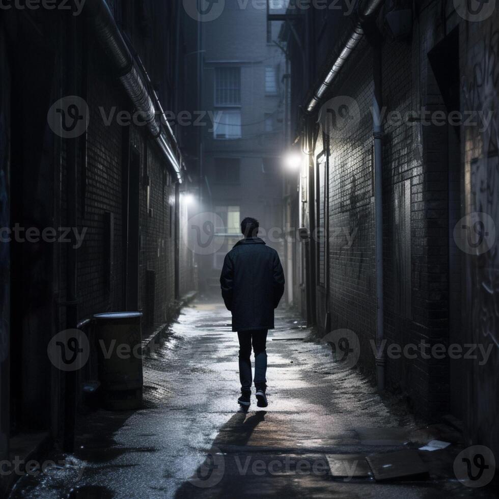 un' uomo a piedi nel strade nel notte ai generativo foto