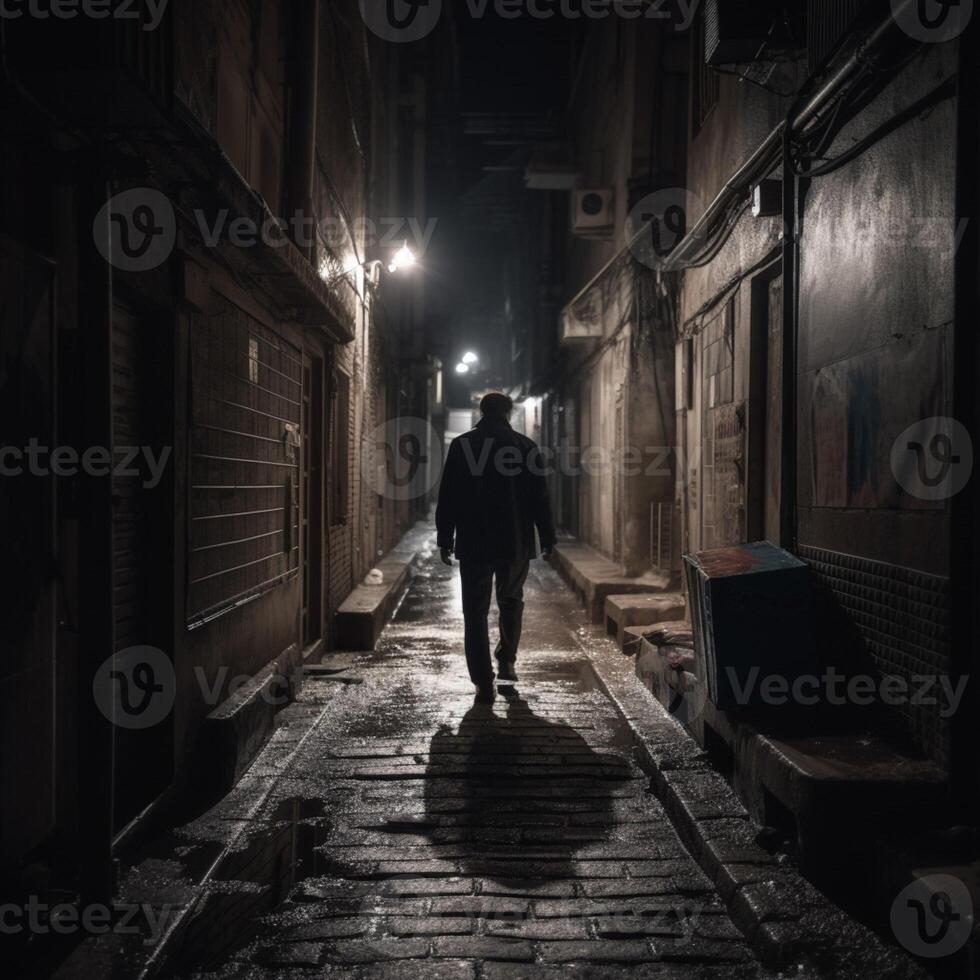 un' uomo a piedi nel strade nel notte ai generativo foto