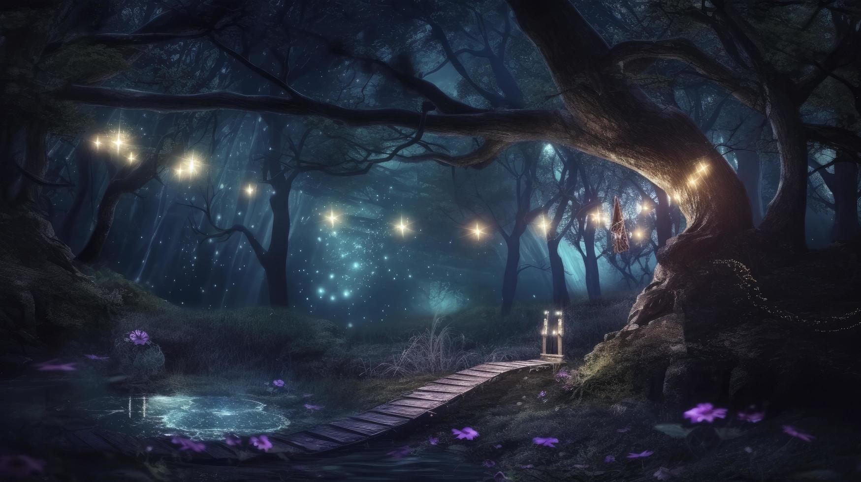 magico fantasia Fata racconto scenario, notte nel un' foresta, creare ai foto
