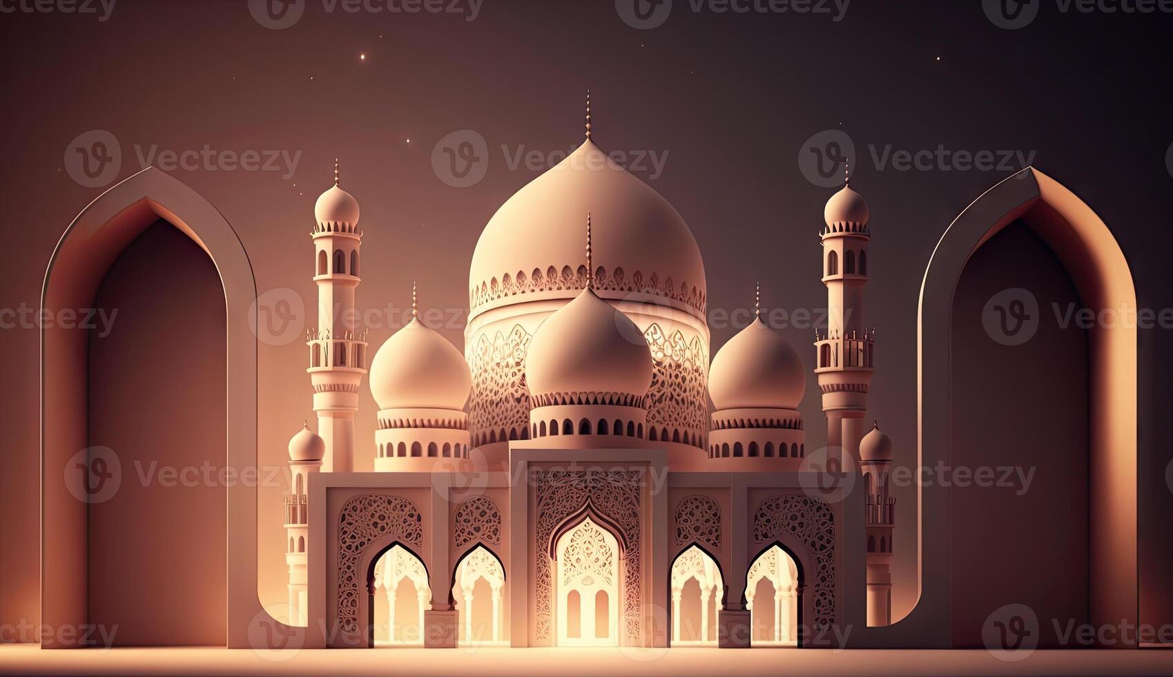 islamico vacanza Ramadan kareem evento sfondo, decorare con Arabo lanterna, Luna, mezzaluna, e moschea cupola, festivo saluto carta disegno, eid mubarak scena, con generativo ai. foto