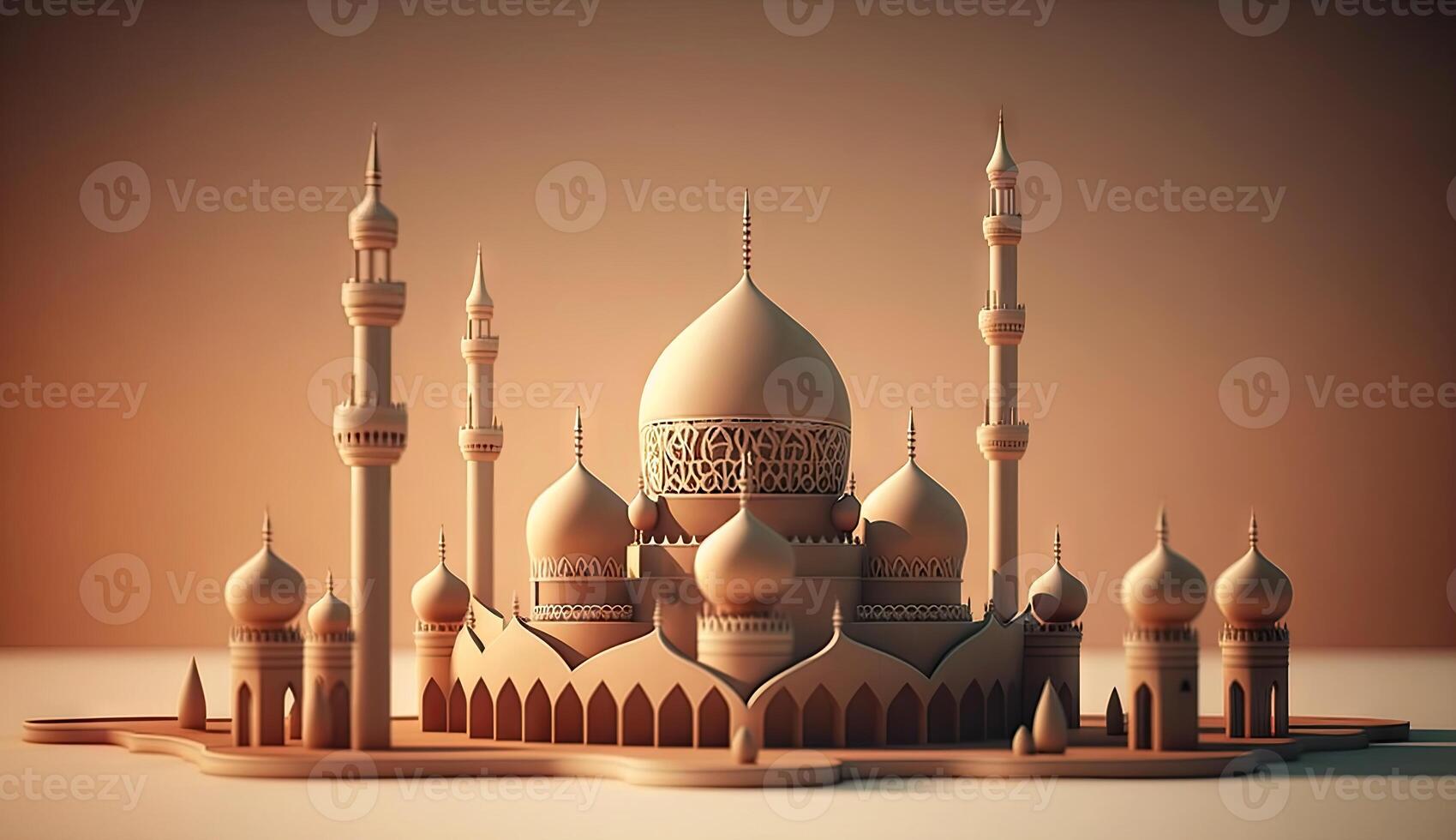 islamico vacanza Ramadan kareem evento sfondo, decorare con Arabo lanterna, Luna, mezzaluna, e moschea cupola, festivo saluto carta disegno, eid mubarak scena, con generativo ai. foto