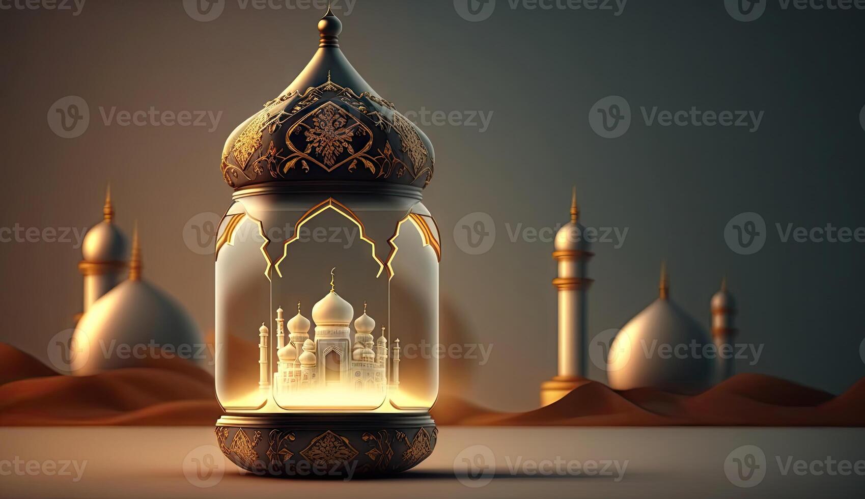 islamico vacanza Ramadan kareem evento sfondo, decorare con Arabo lanterna, Luna, mezzaluna, e moschea cupola, festivo saluto carta disegno, eid mubarak scena, con generativo ai. foto