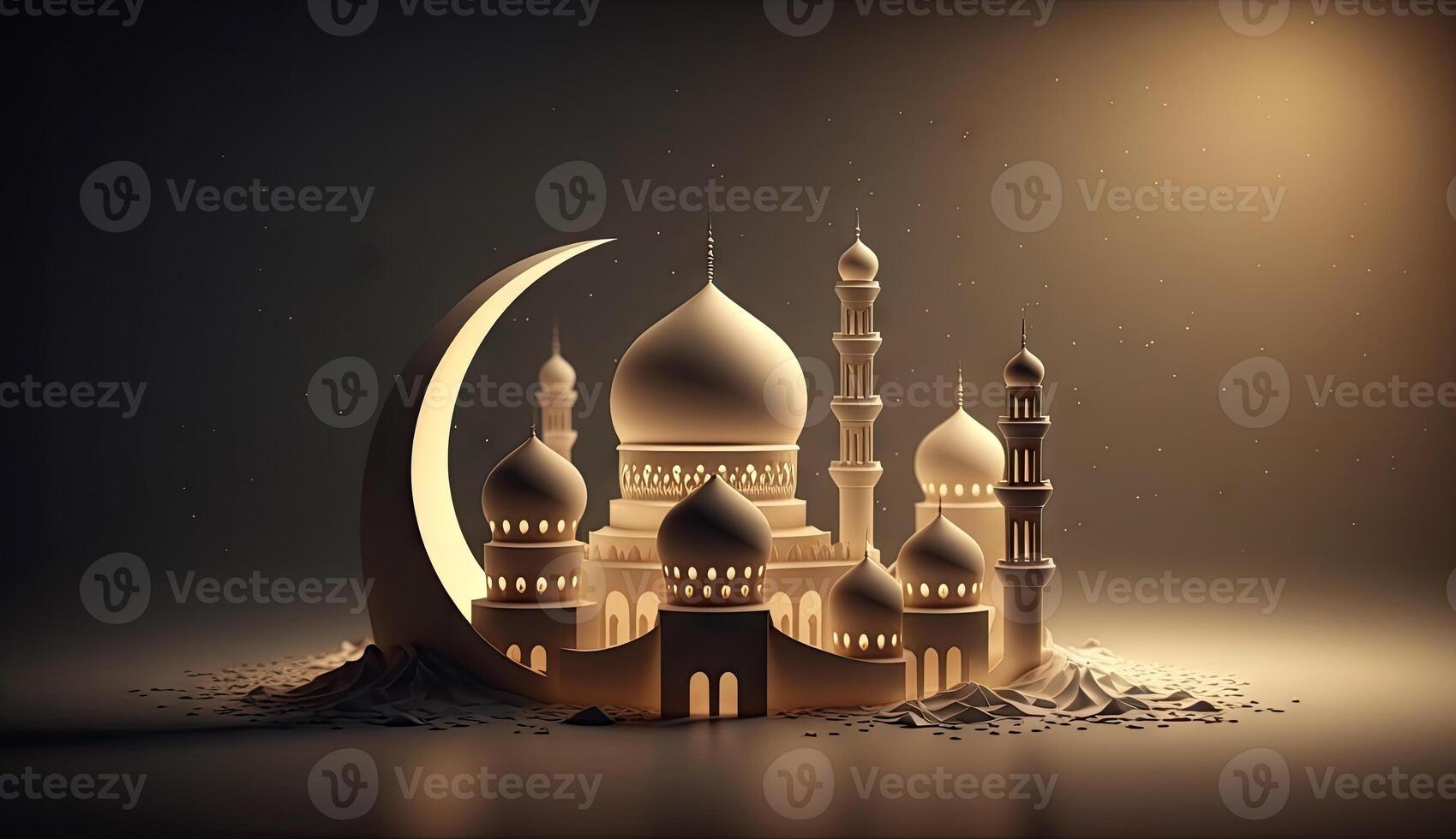 islamico vacanza Ramadan kareem evento sfondo, decorare con Arabo lanterna, Luna, mezzaluna, e moschea cupola, festivo saluto carta disegno, eid mubarak scena, con generativo ai. foto