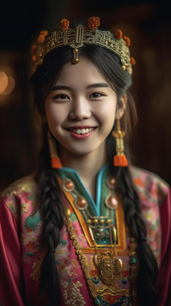 ritratto di un' giapponese ragazza sorridente creato utilizzando generativo ai foto