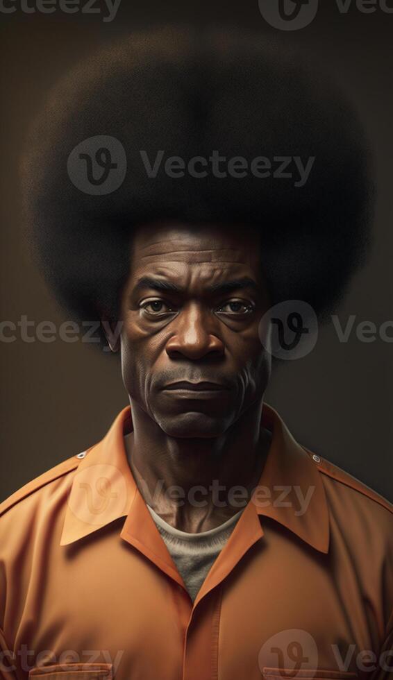 ultra realistico 3d illustrazione di un' nero spellato afro dai capelli adulto uomo indossare prigione Abiti con un' dritto espressione, generativa ai foto