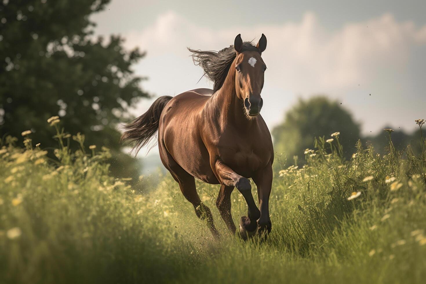 Marrone cavallo al galoppo nel il campo. illustrazione ai generativo foto