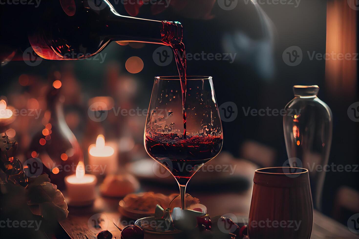 generativo ai illustrazione di rosso vino è essere versato a partire dal bottiglia in semplice vino bicchiere, su un' tavolo con incredibile cibo foto