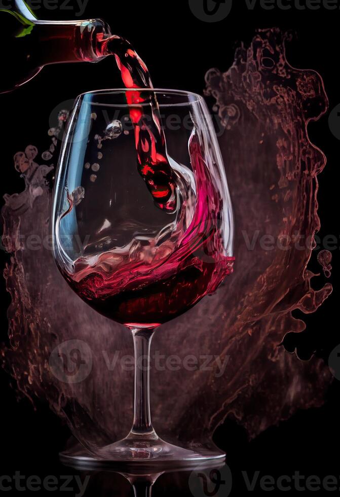 generativo ai illustrazione di rosso vino è essere versato a partire dal bottiglia in semplice vino bicchiere, su un' tavolo con incredibile cibo foto