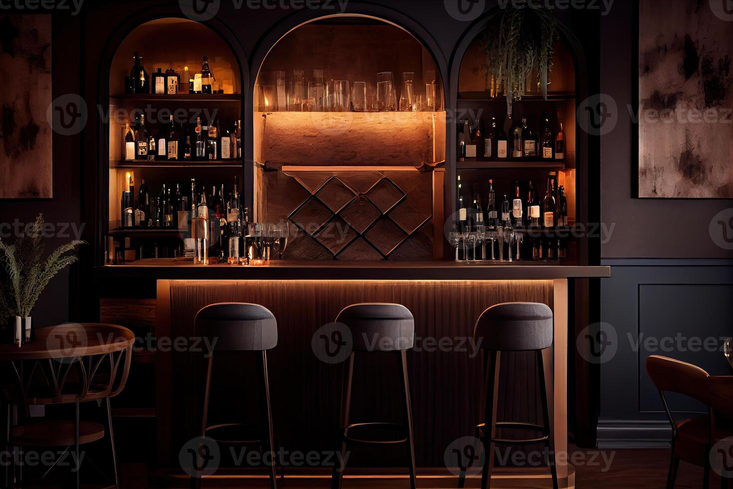 generativo ai illustrazione di un' sala sbarra, quello include elementi come come un' ben illuminato bar contatore, vino occhiali, illuminato candele e un' rilassato e accogliente atmosfera foto