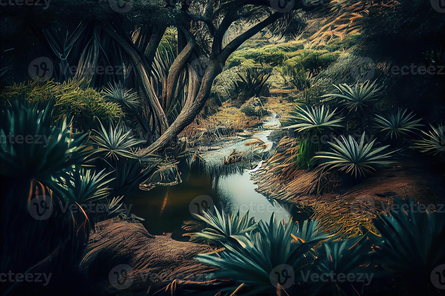 generativo ai illustrazione di africano natura, acqua, terra, impianti, erba, alberi, intenso Guarda, bellissimo foto