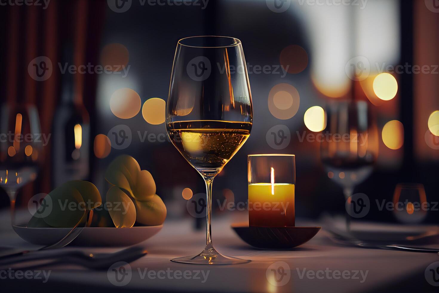 generativo ai illustrazione di un' ristorante tavolo con un' bicchiere di bianca vino, morbido d'oro luce, costoso ristorante con bellissimo luci nel il sfondo foto