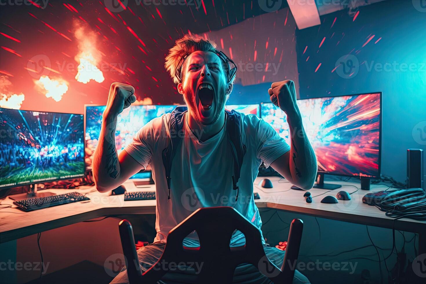 generativo ai illustrazione di professionale esports gamer gioisce nel il vittoria nel informatica gioco camera. gamer festeggiare vittoria. vincente un' gioco. elettronico gli sport giocatore gioisce vittoria foto