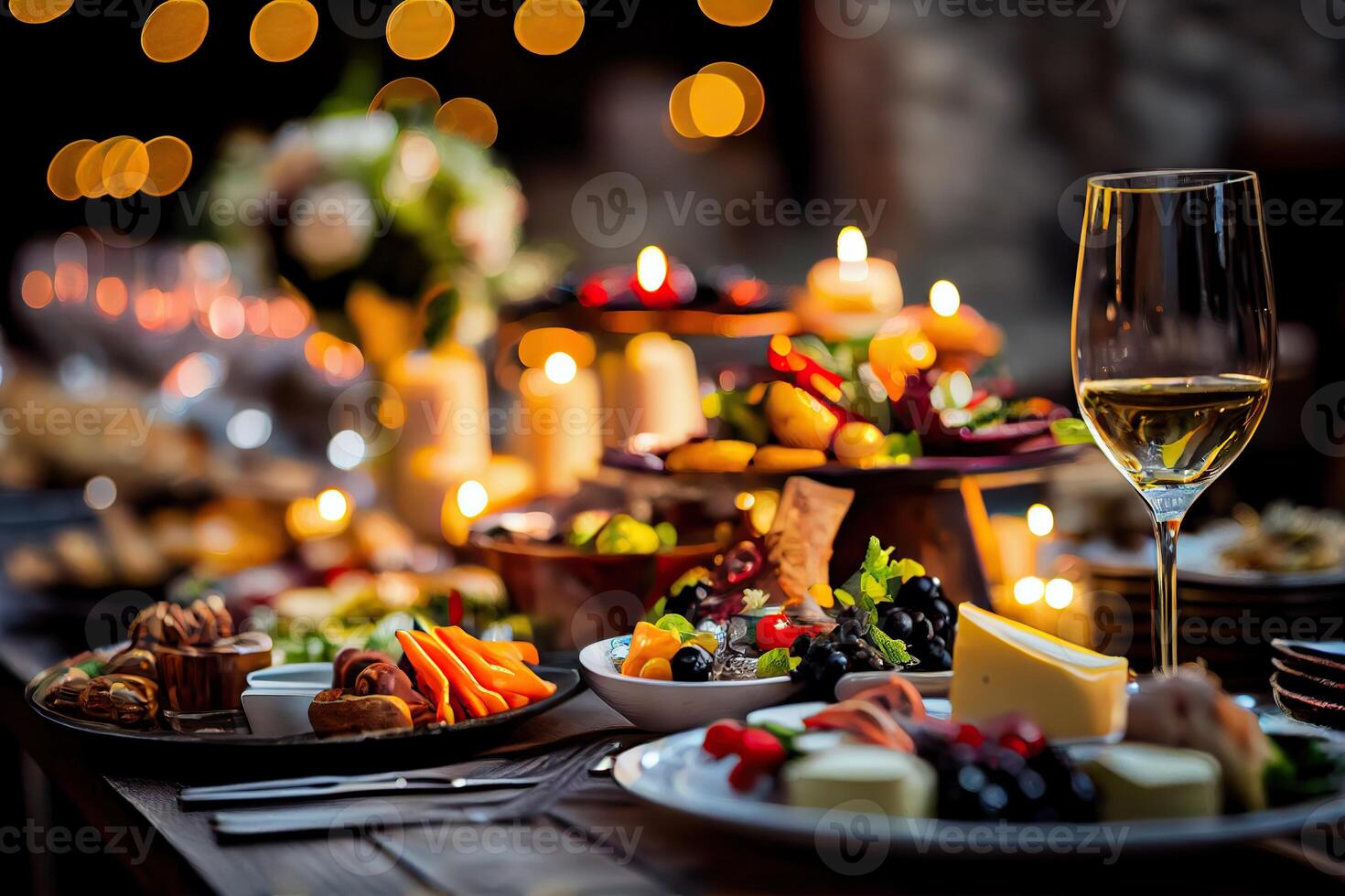 generativo ai illustrazione di servendo tavolo di un' varietà di delizioso festivo cibo e vino preparato per evento festa o nozze. selettivo messa a fuoco foto