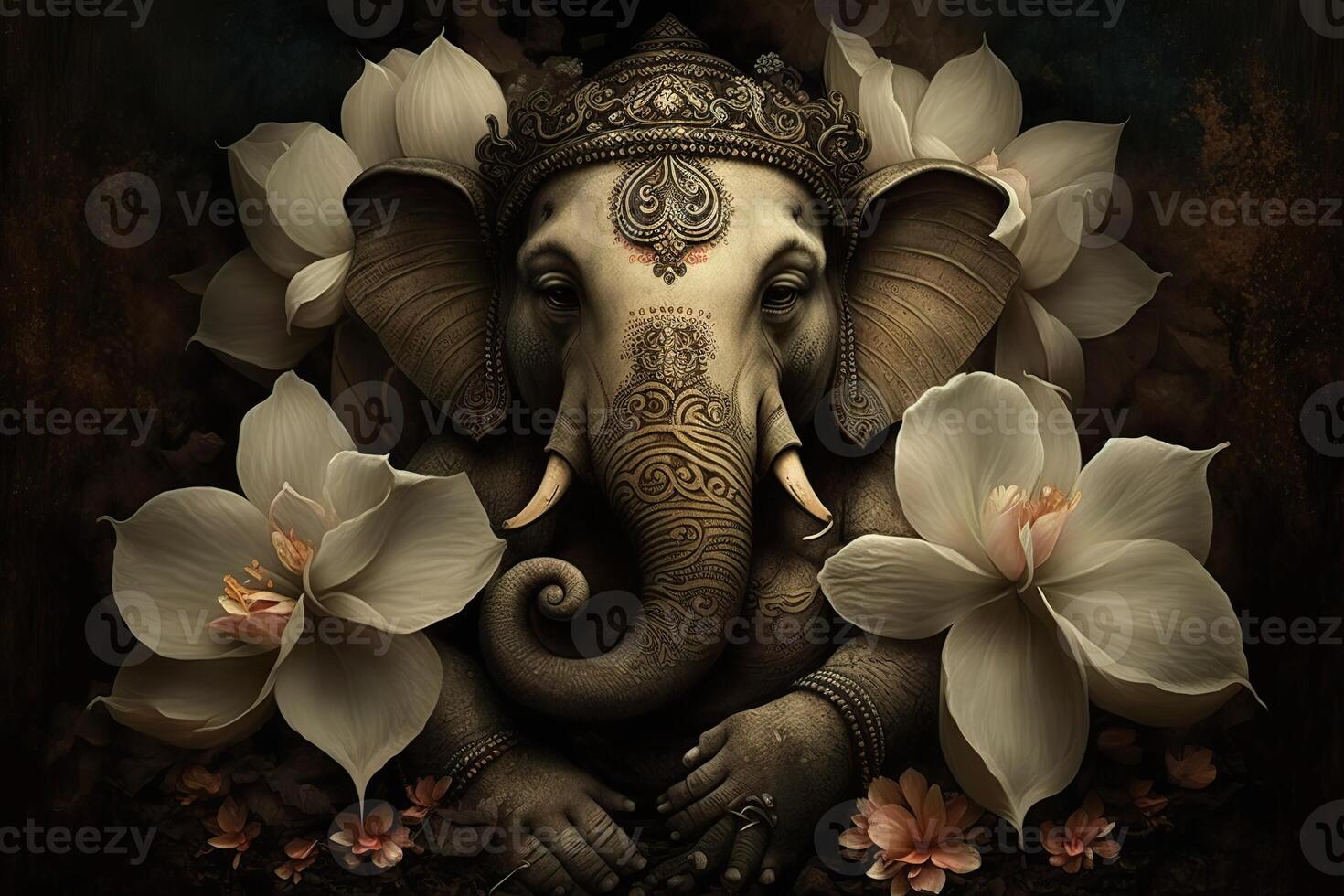 generativo ai illustrazione di Ganesha indù Dio , con fiori, olio pittura prese su in Paradiso, seduta nel davanti di bokeh mandala sfondo foto