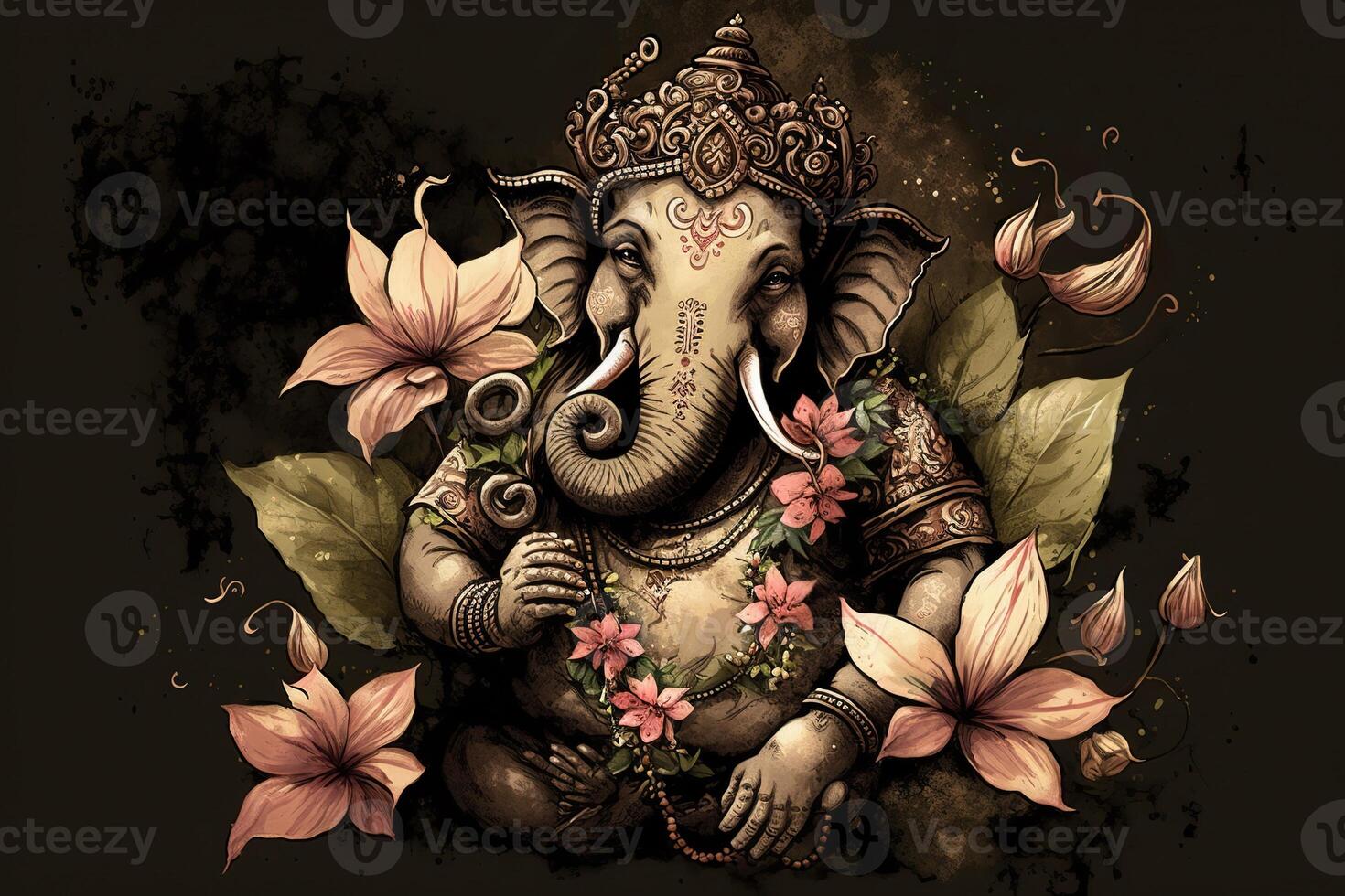 generativo ai illustrazione di Ganesha indù Dio , con fiori, olio pittura prese su in Paradiso, seduta nel davanti di bokeh mandala sfondo foto