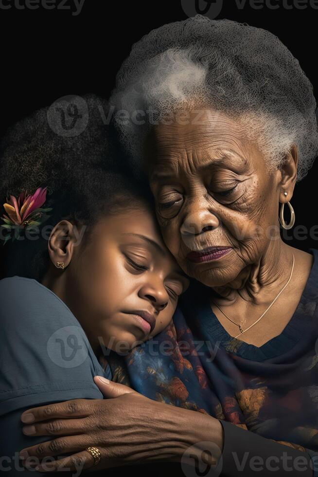 generativo ai illustrazione di africano americano grande nonna consolante adolescente ragazza, divano, posa nel giro foto