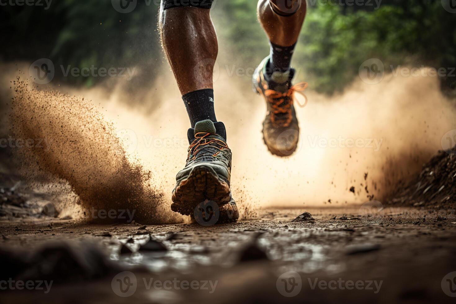 generativo ai illustrazione di avvicinamento a il corridore piedi è in esecuzione su il sporco itinerario a il giungla, strada e strada. pista in esecuzione sport azione e umano sfida concetto foto