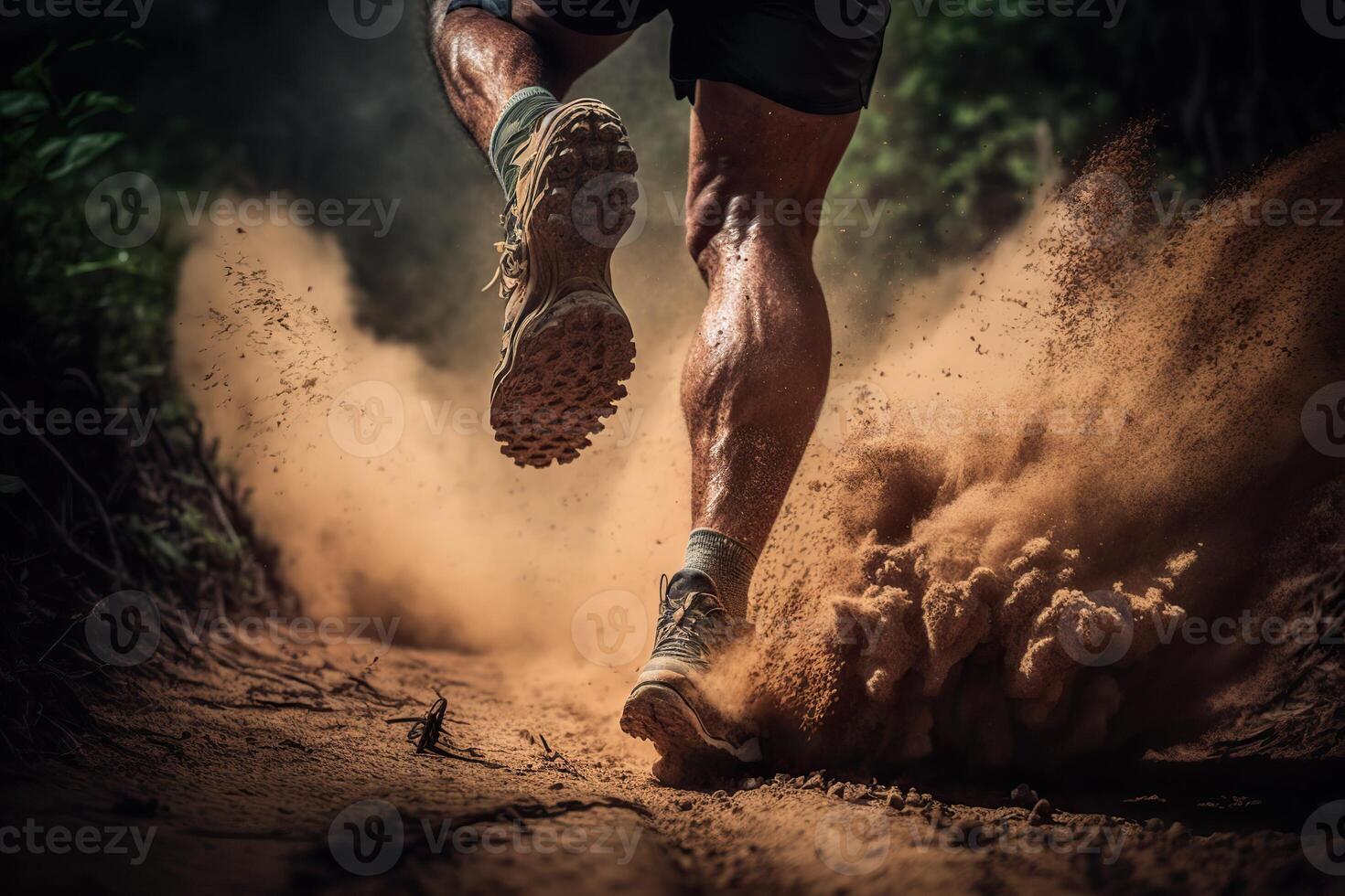 generativo ai illustrazione di avvicinamento a il corridore piedi è in esecuzione su il sporco itinerario a il giungla, strada e strada. pista in esecuzione sport azione e umano sfida concetto foto