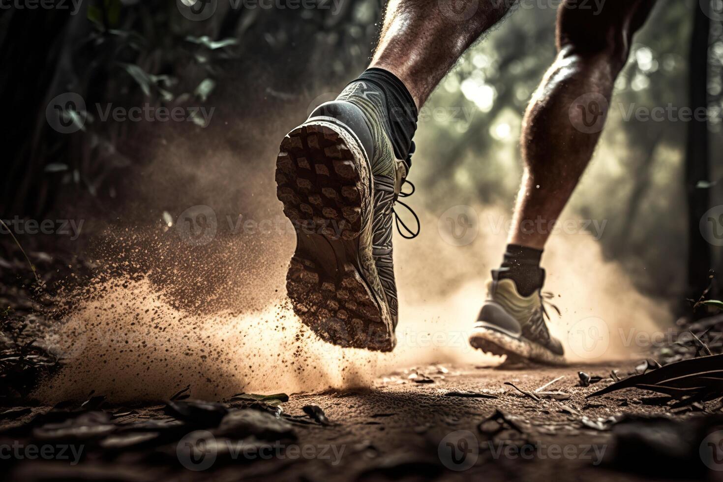 generativo ai illustrazione di avvicinamento a il corridore piedi è in esecuzione su il sporco itinerario a il giungla, strada e strada. pista in esecuzione sport azione e umano sfida concetto foto