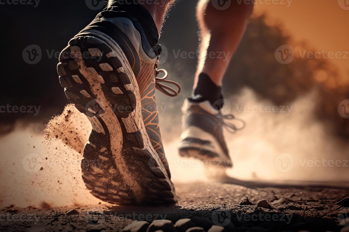 generativo ai illustrazione di avvicinamento a il corridore piedi è in esecuzione su il sporco itinerario a il giungla, strada e strada. pista in esecuzione sport azione e umano sfida concetto foto