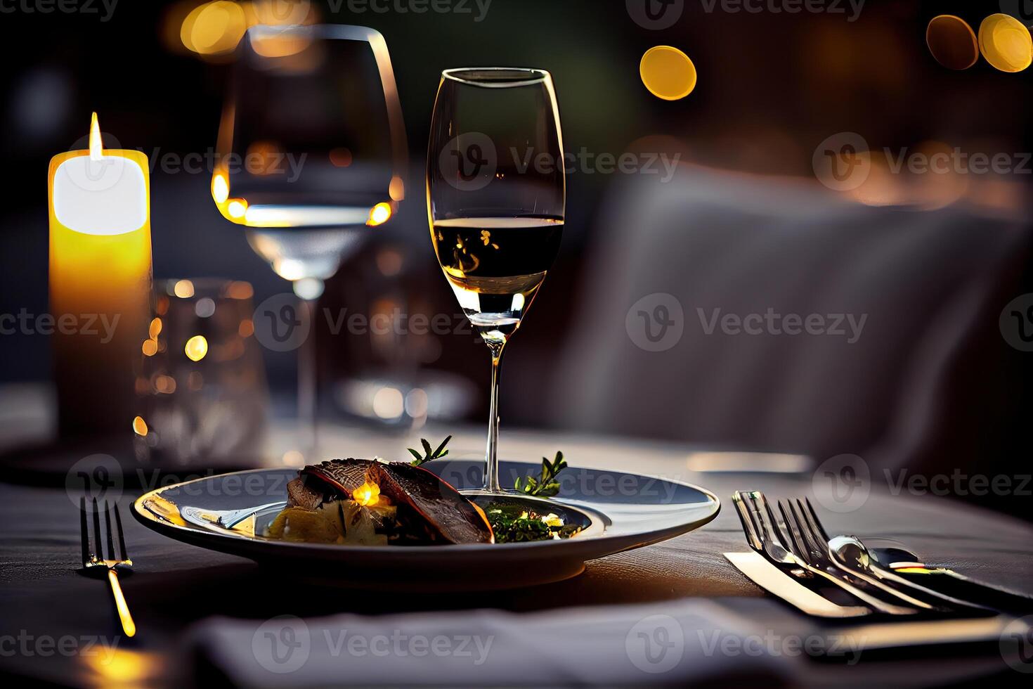 generativo ai illustrazione di un' ristorante tavolo con un' bicchiere di bianca vino, morbido d'oro luce, costoso ristorante con bellissimo luci, all'aperto e notte foto