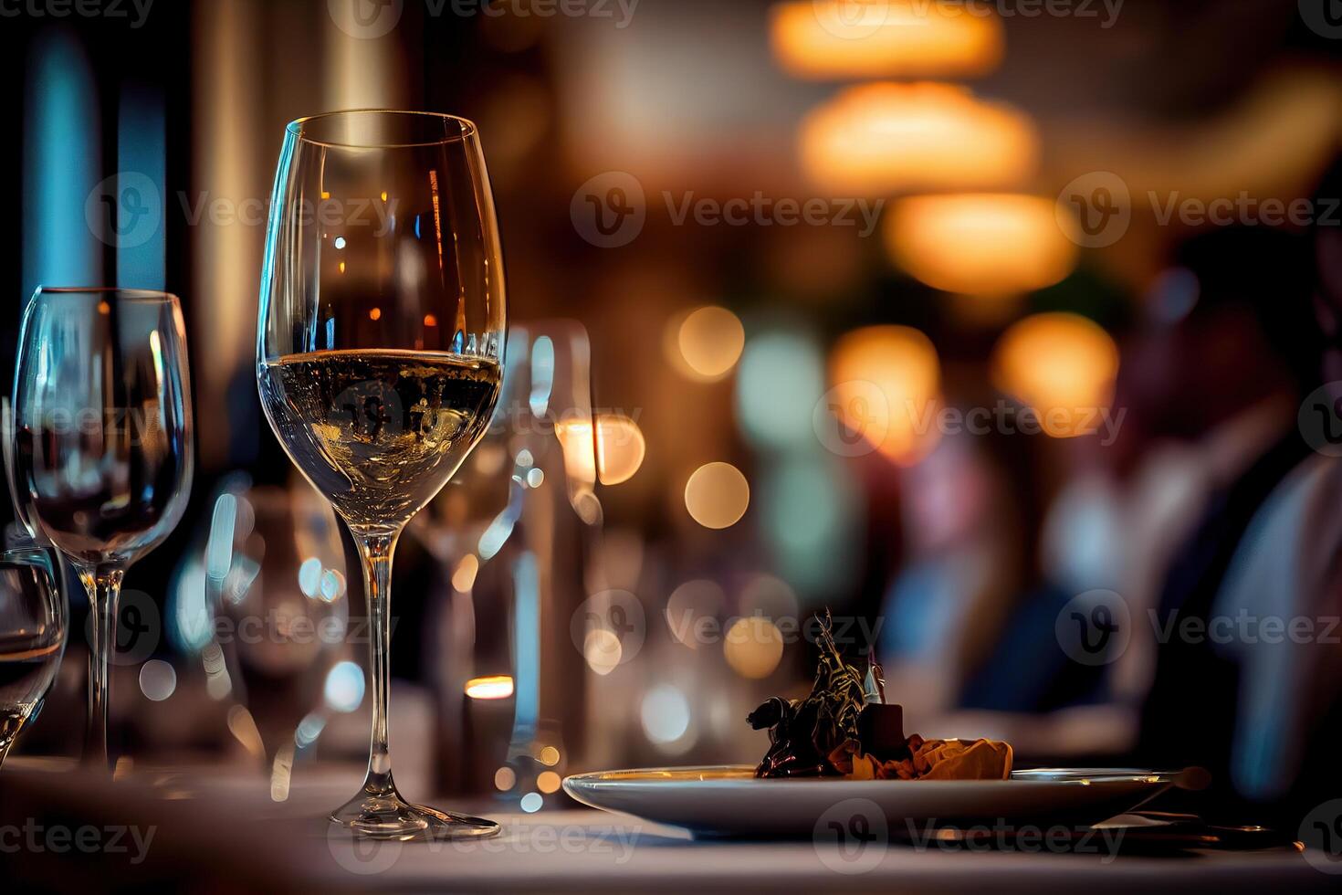 generativo ai illustrazione di un' ristorante tavolo con un' bicchiere di bianca vino, morbido d'oro luce, costoso ristorante con bellissimo luci nel il sfondo foto