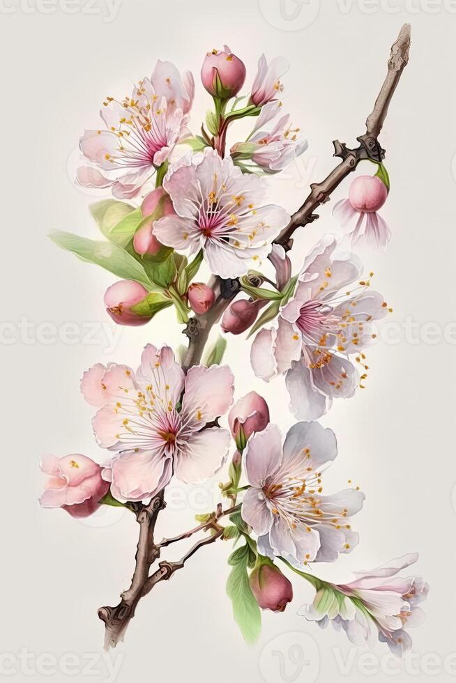 generativo ai illustrazione di realistico sakura o ciliegia fiore, giapponese primavera fiore sakura, rosa ciliegia fiore su bianca sfondo foto