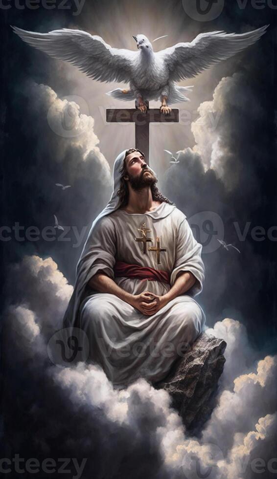 illustrazione di Gesù preghiere circondato di colombe su un' nube, generativo ai foto