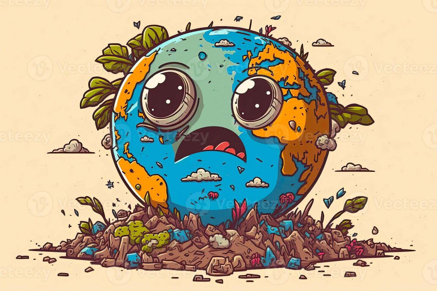 il concetto di mondo ambiente giorno. generativo ai. cartone animato illustrazione di un' triste globo .aria inquinamento causato di deforestazione. mondo terra giorno. foto