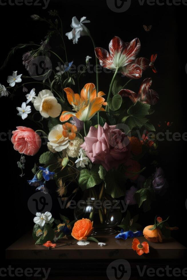 bellissimo mazzo di colorato fiori su nero sfondo nel Vintage ▾ stile. festivo fiori concetto con copia spazio. .creato con generativo ai foto