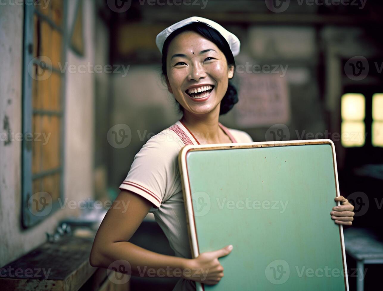 illustrazione di asiatico donna Tenere un' di legno tavola, generativa ai foto