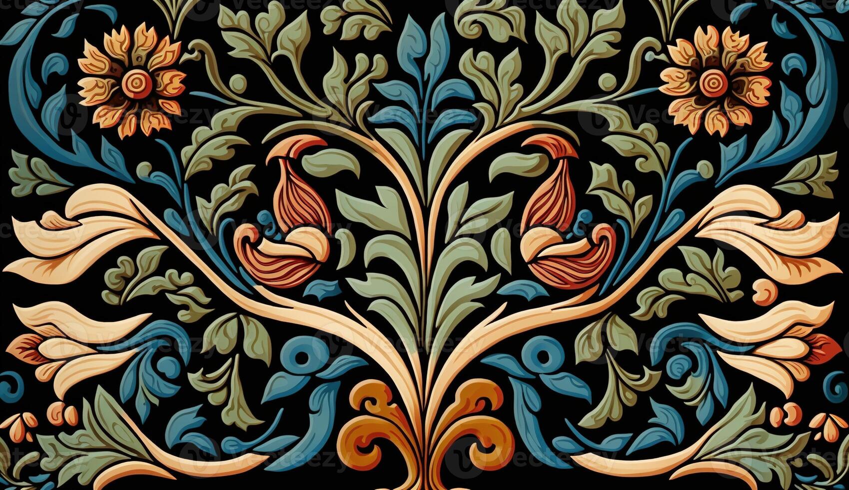 generativo ai, floreale colorato modello. William morris ispirato naturale impianti e fiori sfondo, Vintage ▾ illustrazione. popolare stile foto