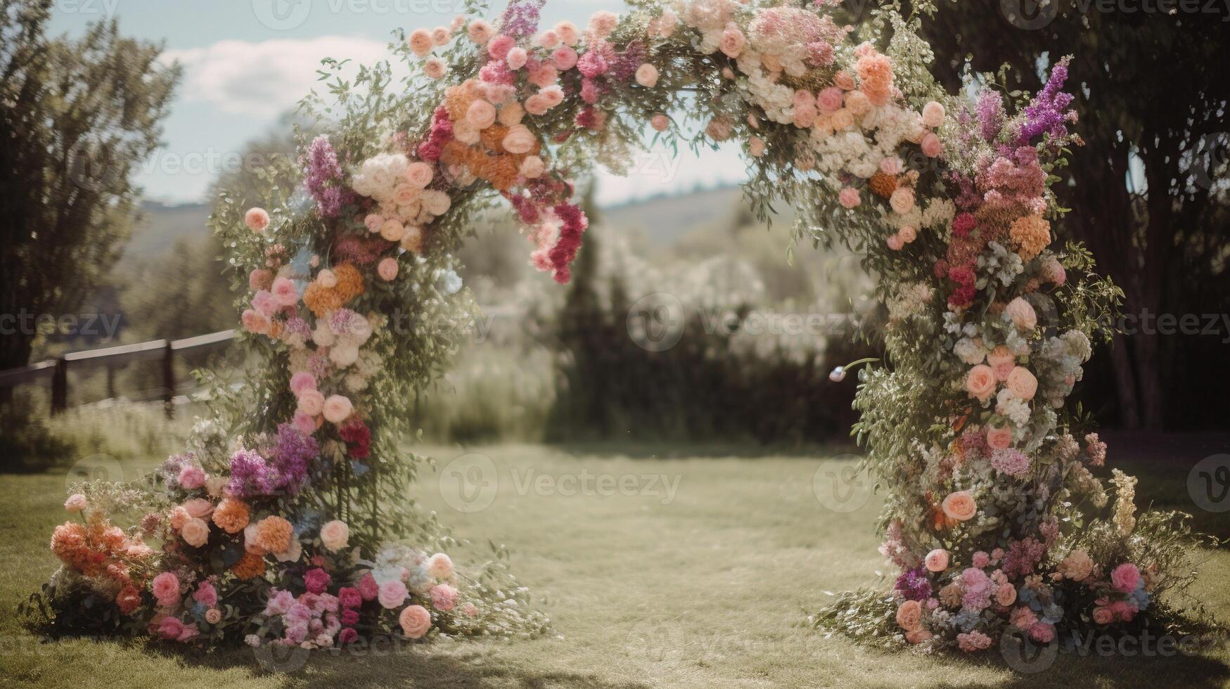 generativo ai, nozze cerimonia boho rustico stile arco con fiori e impianti, fiore mazzi di fiori. foto