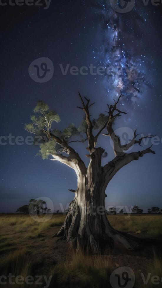 un' asciutto albero con raggiante cielo nel Australia paesaggio fotografia generativo ai foto