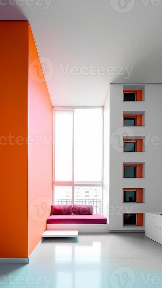 minimalismo pulito e luminosa colore largo camera con letto generativo ai foto