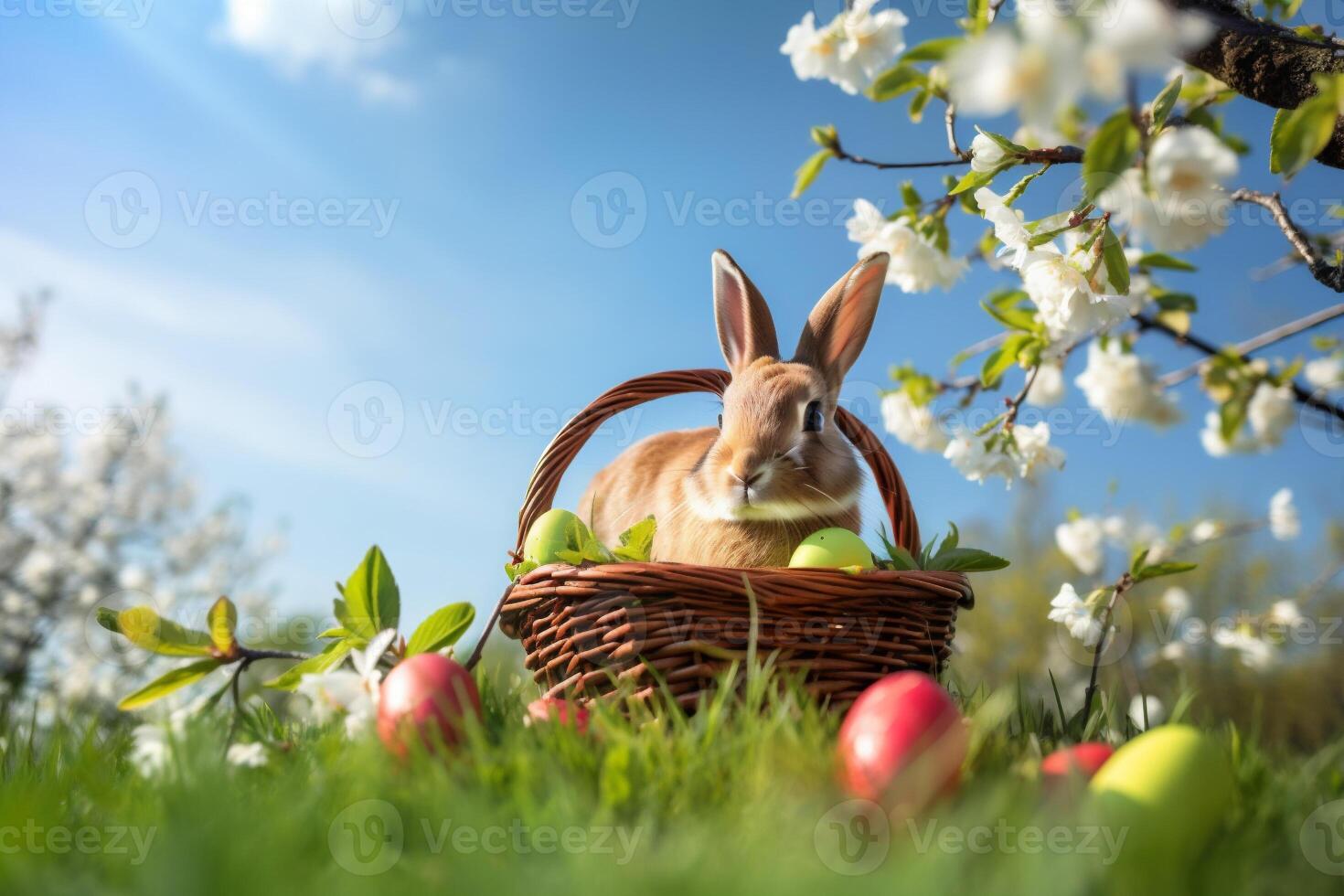 ai generato coniglio con cestino e Pasqua uova all'aperto foto