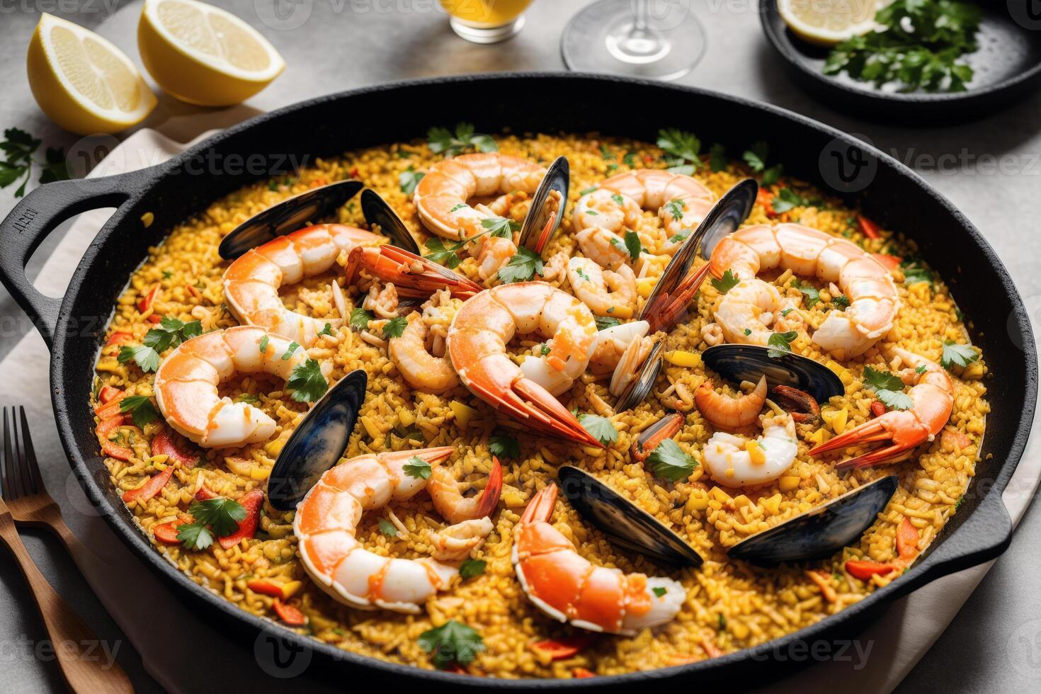 paella, tradizionale spagnolo piatto fatto con Riso, pollo e la verdura, servito nel un' padella. paella con frutti di mare. spagnolo cucina. generativo ai foto