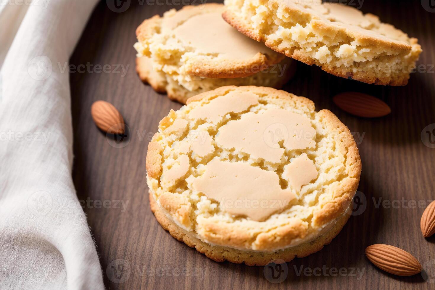 fatti in casa fiocchi d'avena biscotti con mandorle su un' di legno sfondo. generativo ai foto