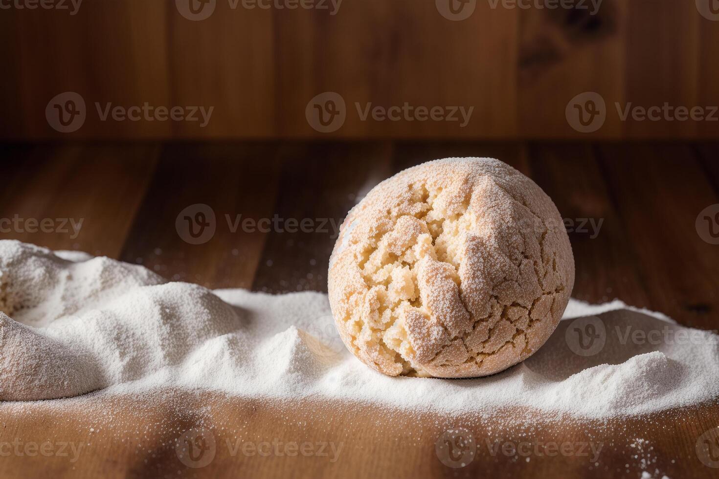 dolce biscotti nel il forma di un' palla cosparso con in polvere zucchero su un' di legno sfondo. generativo ai foto