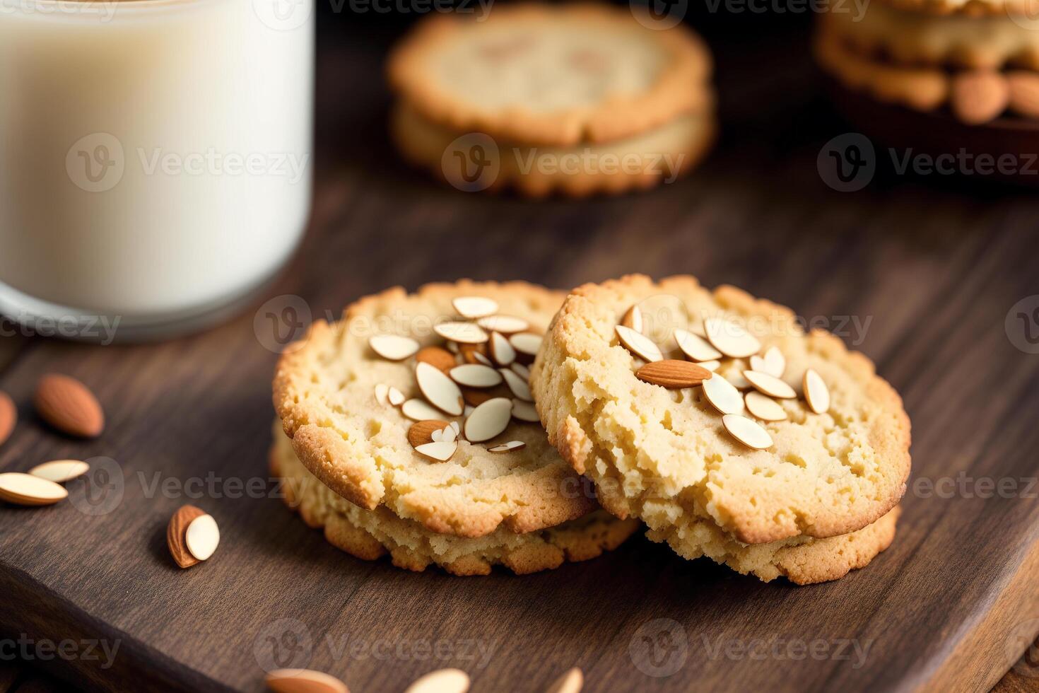 fatti in casa fiocchi d'avena biscotti con mandorle su un' di legno sfondo. generativo ai foto