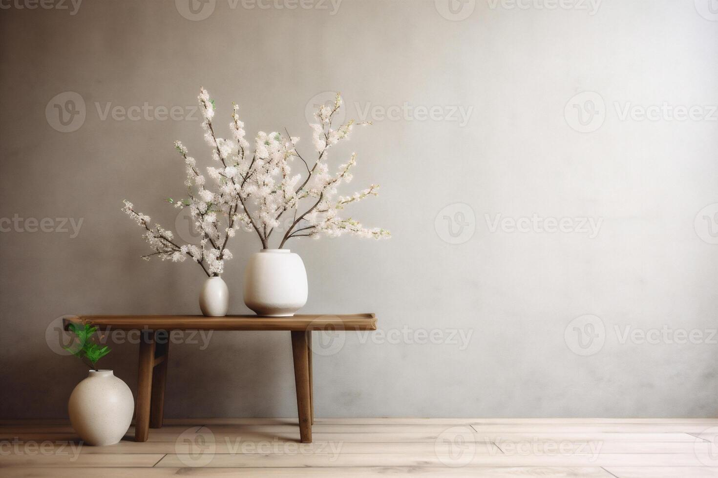 ai generato interno Visualizza con pentola, le foglie e mobilia nel asiatico stile foto