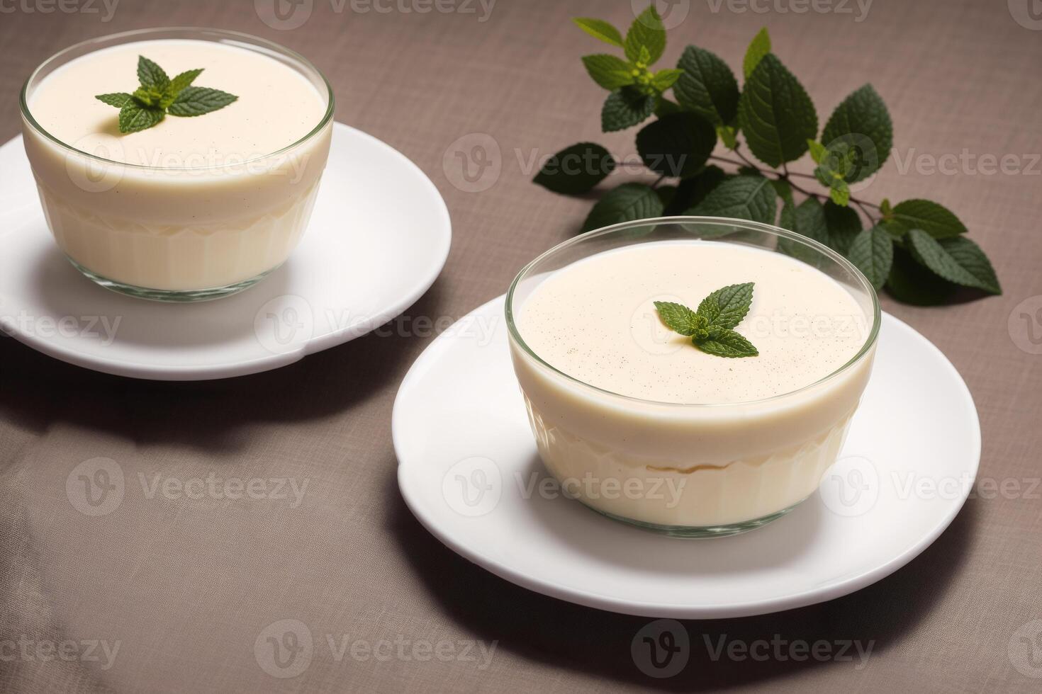 delizioso panna cotta con Limone e cacao polvere su di legno tavolo. dolce, dolce cibo. generativo ai foto